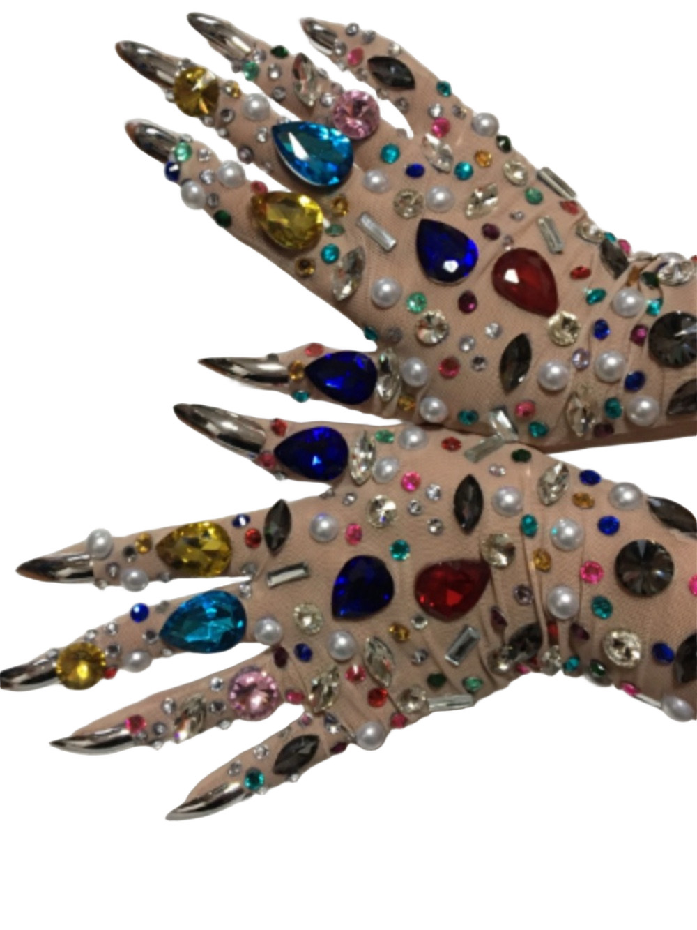 Saint Chic Bedazzled Jeweled Disco Party Gloves Mesh Long Silver Nails